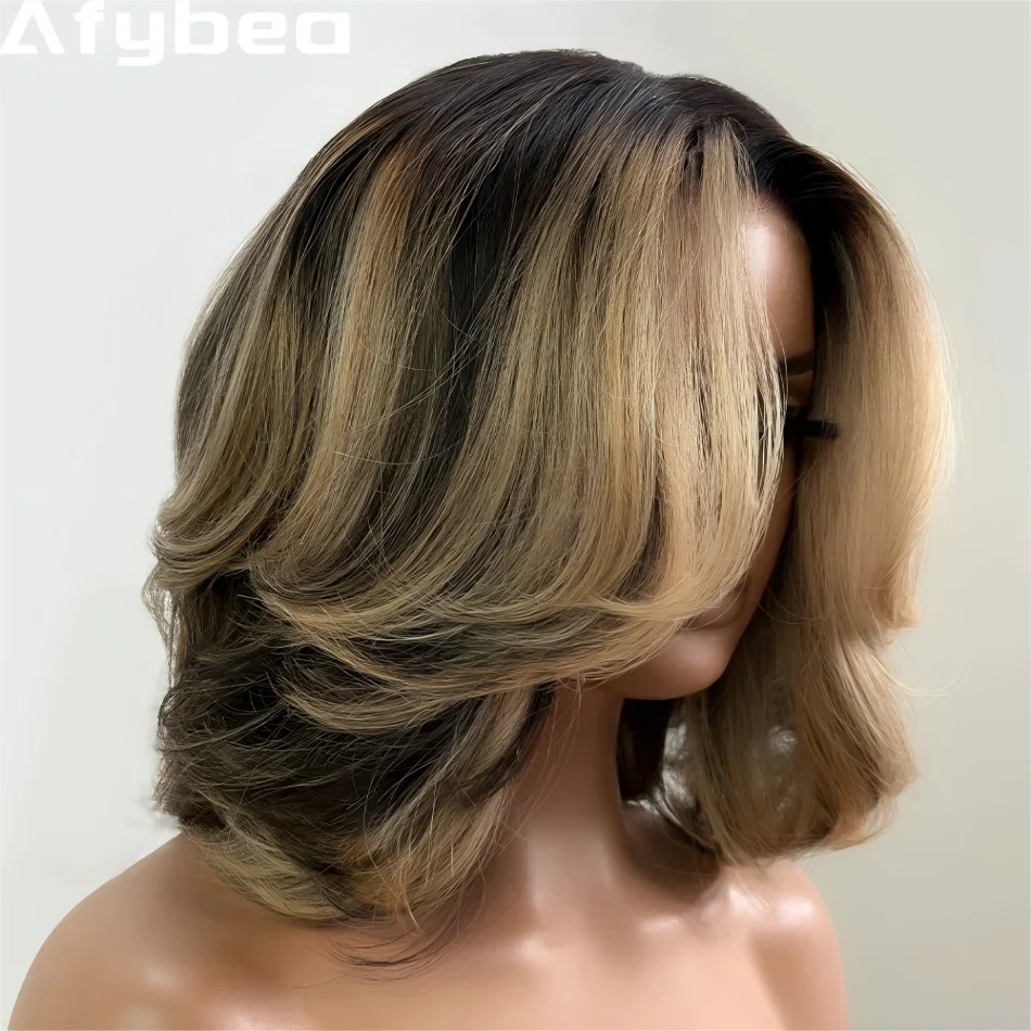 Honey Blonde Layered Bob with Bangs